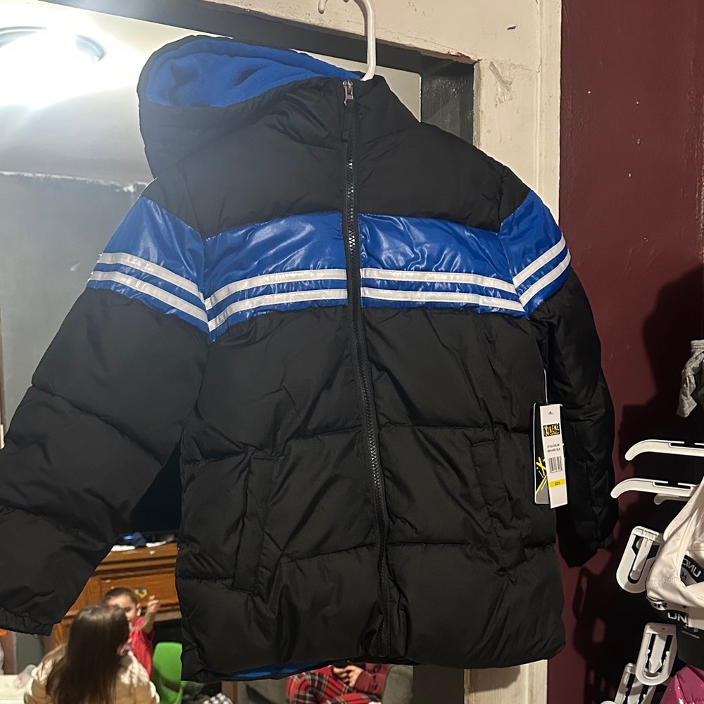 Black and Blue Puffer Jacket with Stripes